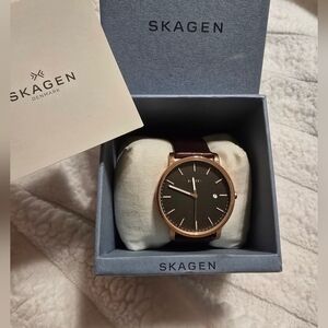 Skagen Watch Women 34mm Rose Gold Black Dial Brown Leather Band